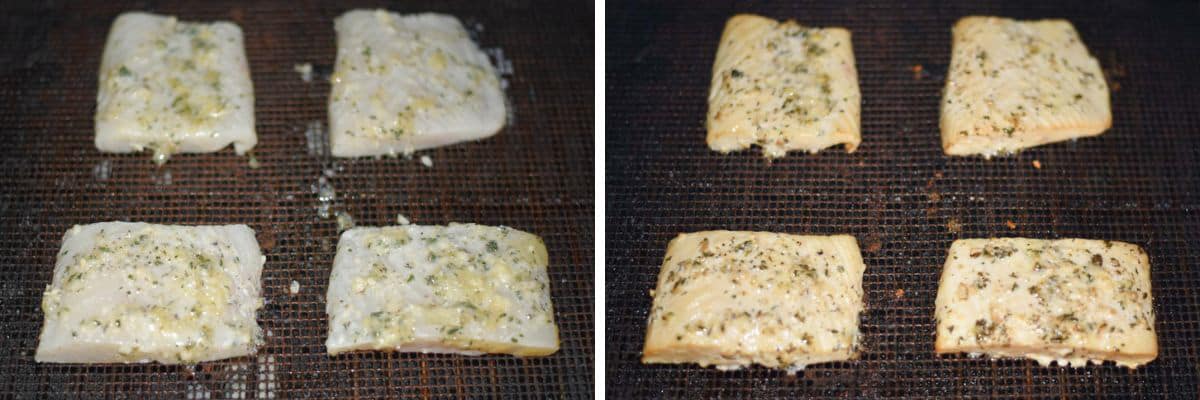 process shots of smoking halibut in grill