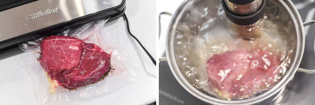 process shots of sealing filet mignon in bag and cooking in water bath with sous vide machine