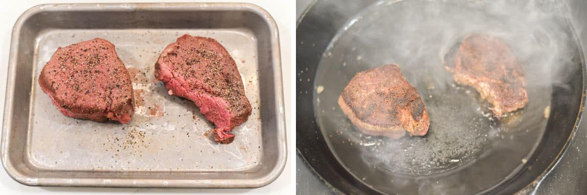 process shots of seasoning steaks with salt and pepper and searing in cast iron skillet