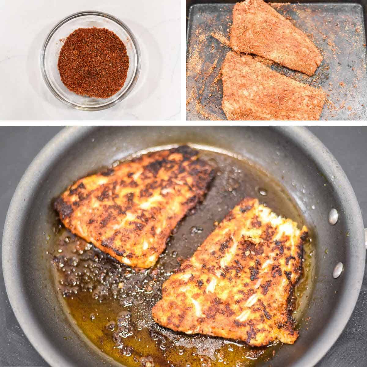 process shots of making rub, rubbing seasoning into fish and cooking in skillet