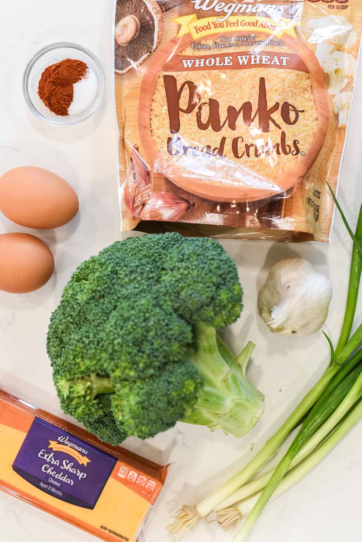 overhead shot of ingredients for broccoli bites