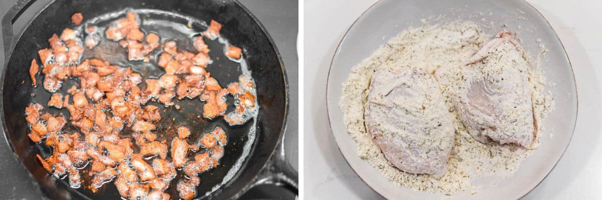 process shots of cooking bacon in skillet and dredging chicken in flour in bowl