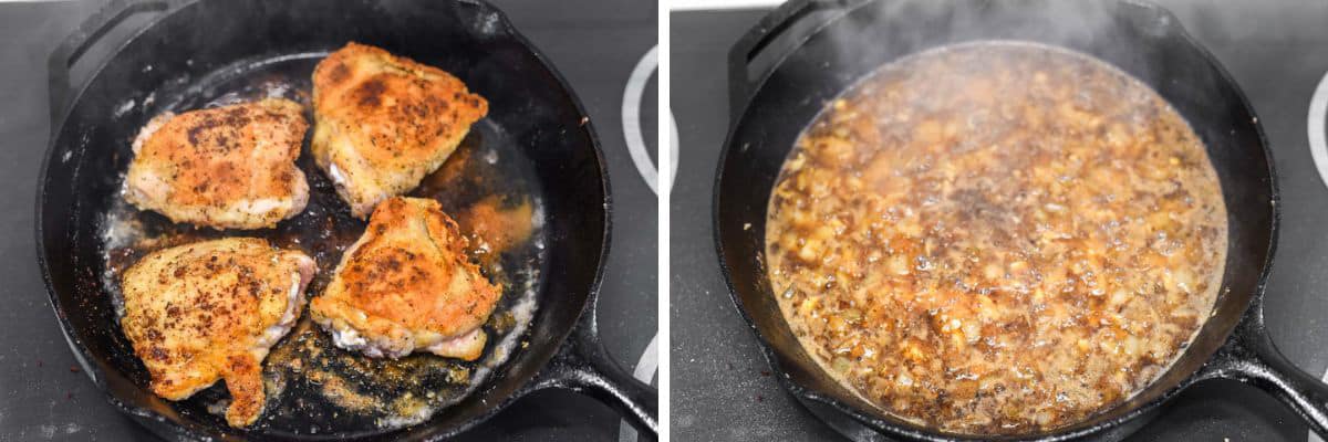 process shots of cooking chicken in skillet before cooking onion and garlic in skillet