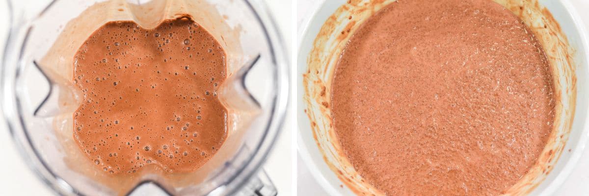 process shots of blending together all of the ingredients in a blender and then mixing in the chia seeds with the pudding ingredients in a bowl