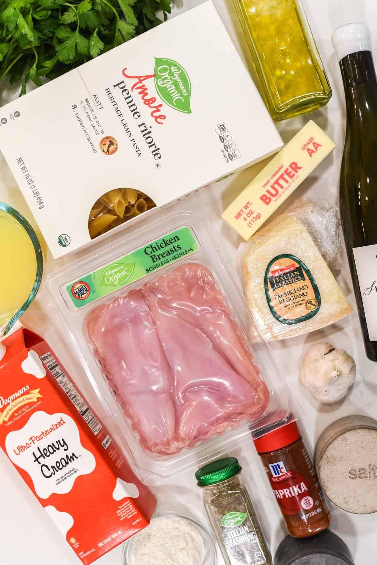 overhead shot of ingredients for garlic chicken parmesan pasta