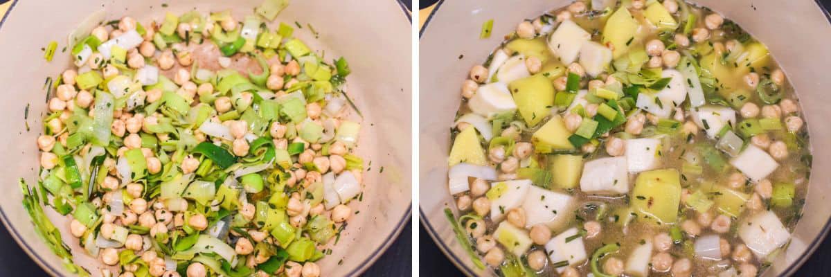 process shots of cooking leeks, hazelnuts and herbs before adding broth, parsnips and potatoes