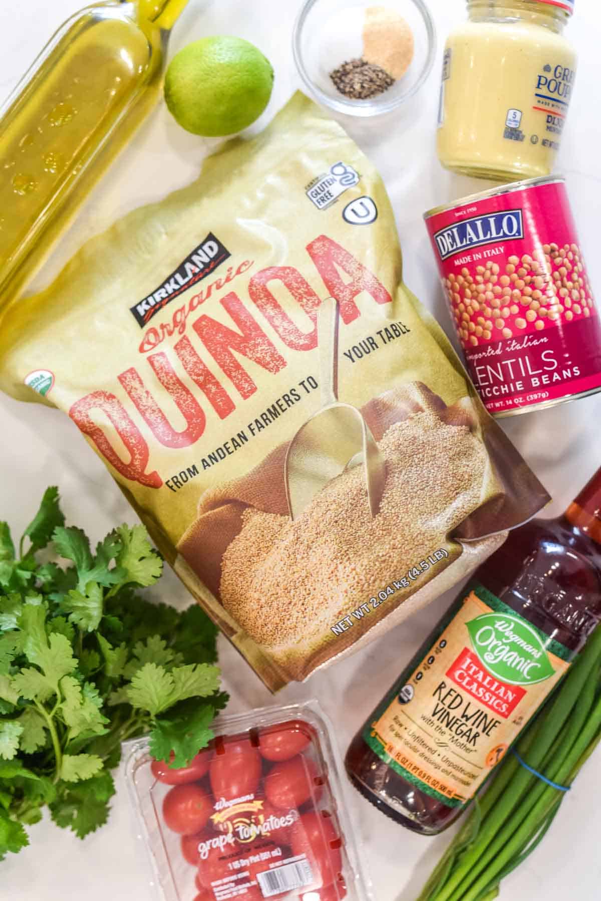 overhead shot of ingredients for lentil quinoa salad