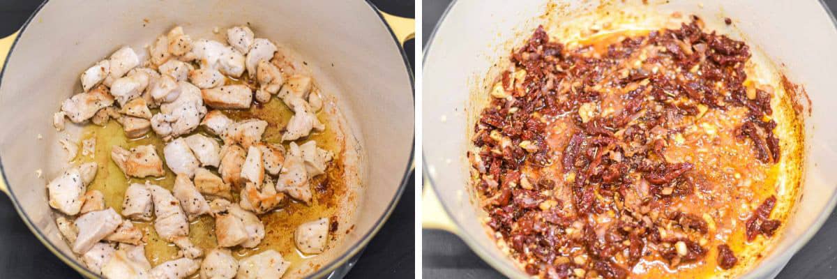 process shots of cooking chicken in Dutch oven before cooking aromatics with spices and sun-dried tomatoes