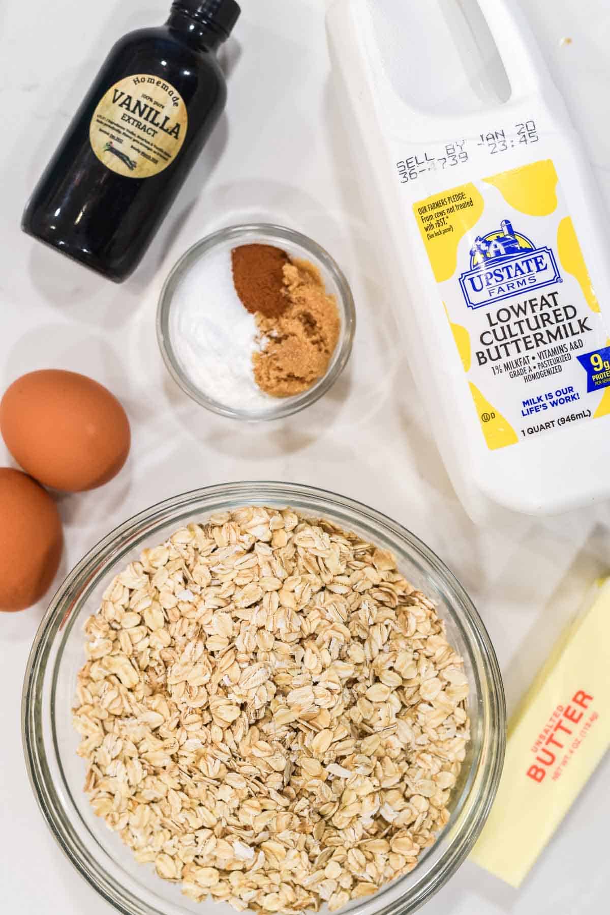 overhead shot of ingredients for oat flour pancakes