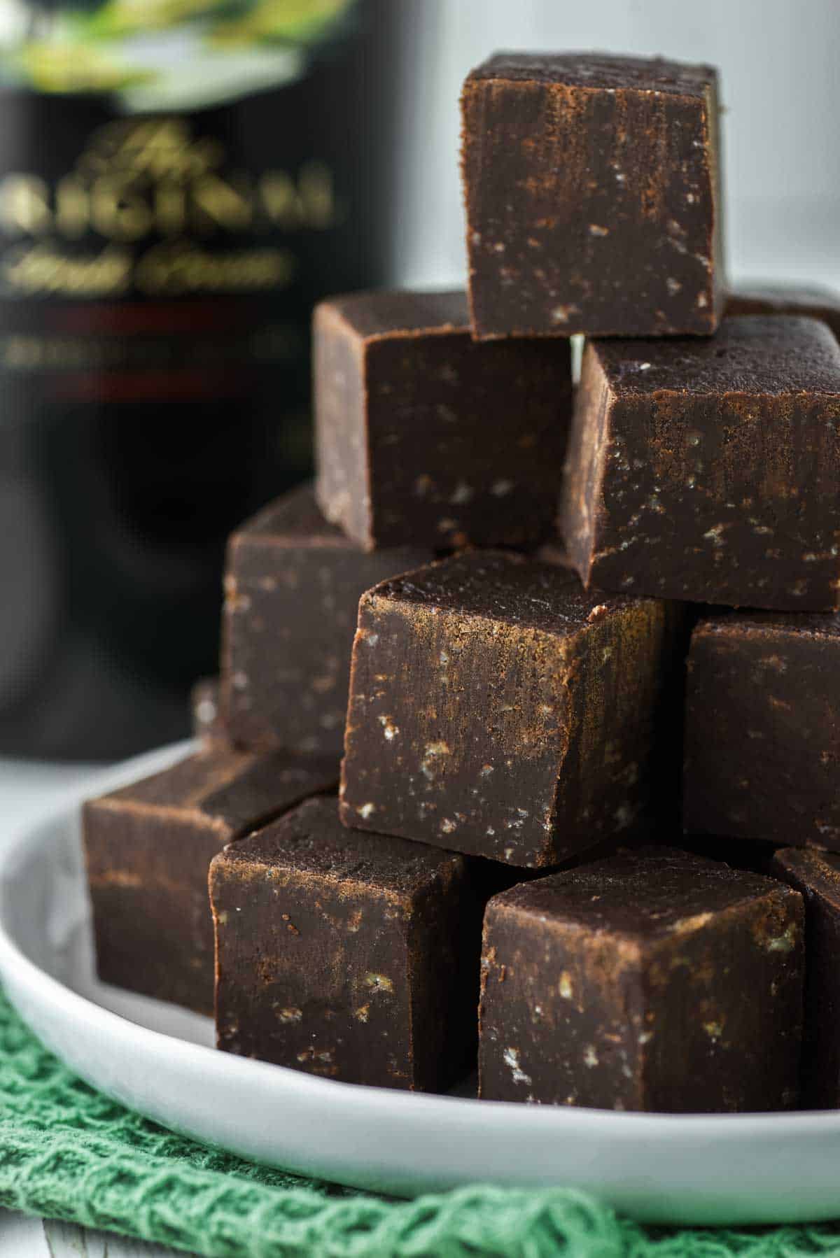 close-up of stacked Baileys fudge on plate