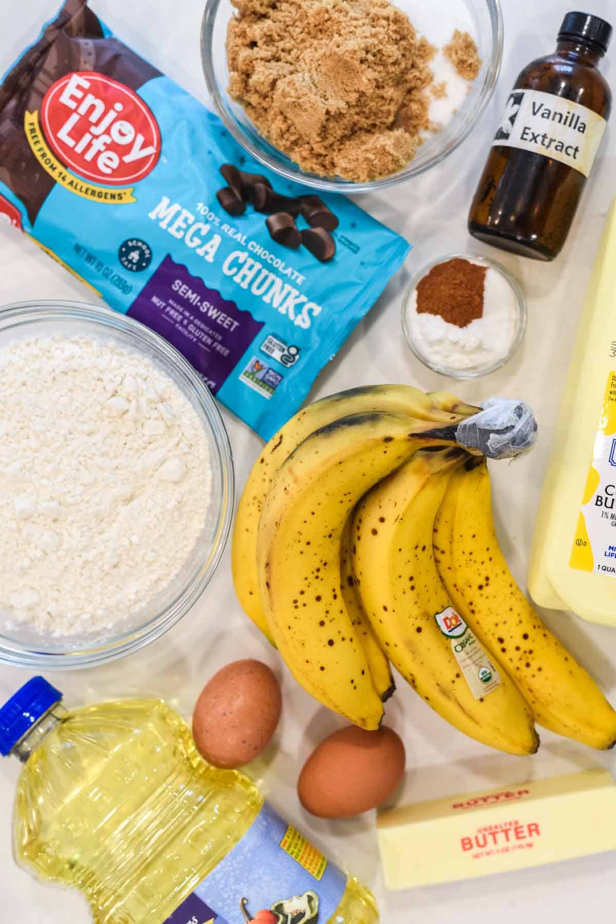 overhead shot of ingredients for banana chocolate chunk muffins