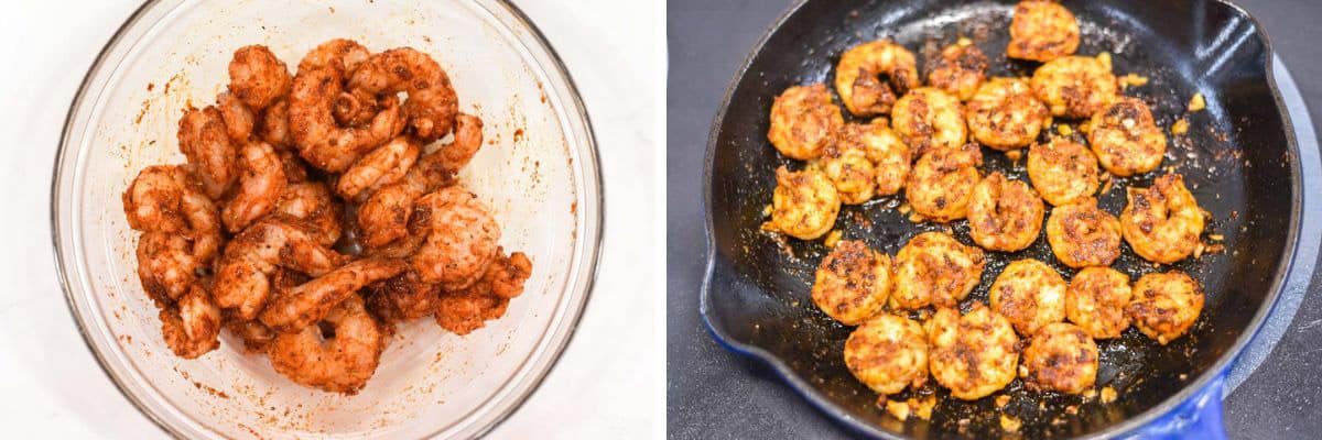 process shots of tossing shrimp in seasoning before cooking in skillet