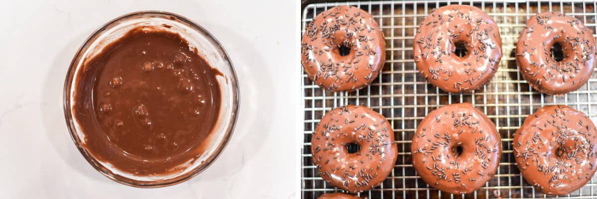 process shots of making chocolate glaze and dipping donuts in them before placing on wire rack