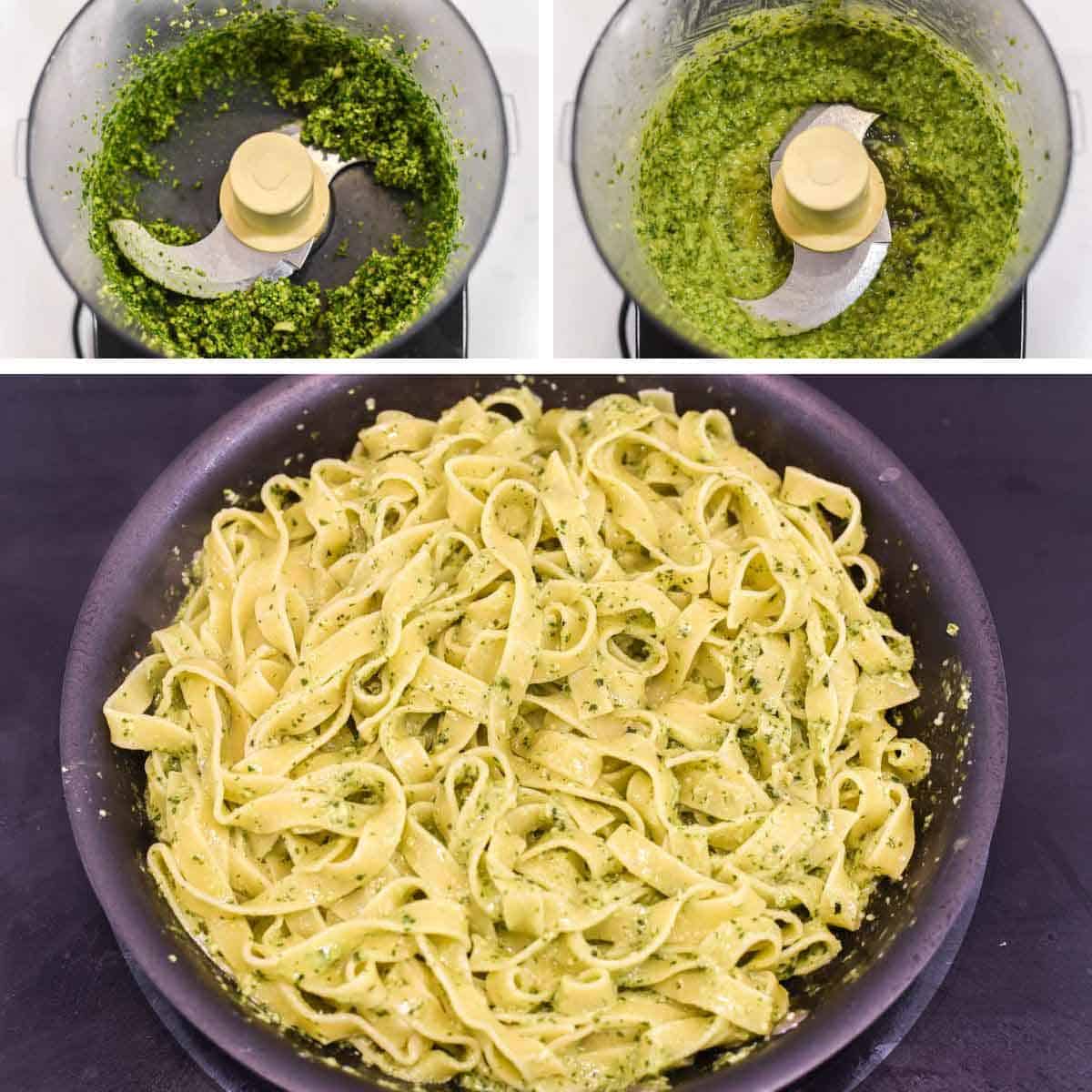 process shots of making pesto and tossing the pasta in it