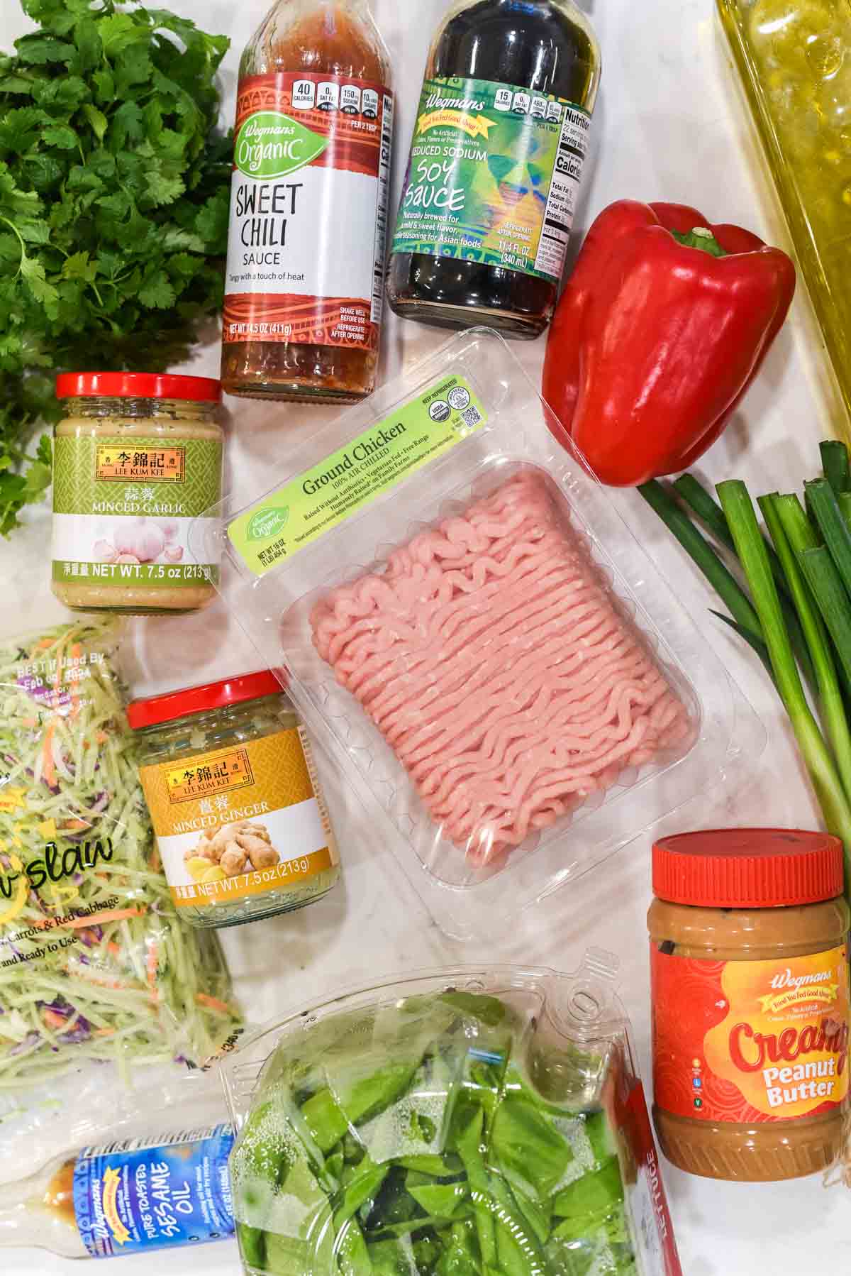 overhead shot of ingredients for Thai chicken lettuce wraps