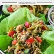 close-up of Thai chicken lettuce wraps on black plate