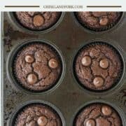 overhead shot of muffin tin of triple chocolate muffins