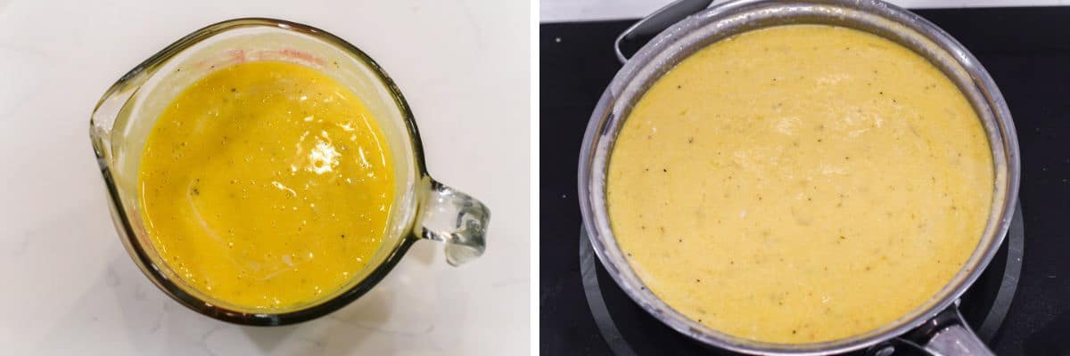 process shots of whisking eggs in measuring cup before tempuring by adding hot cheese mixture and then returning to pan