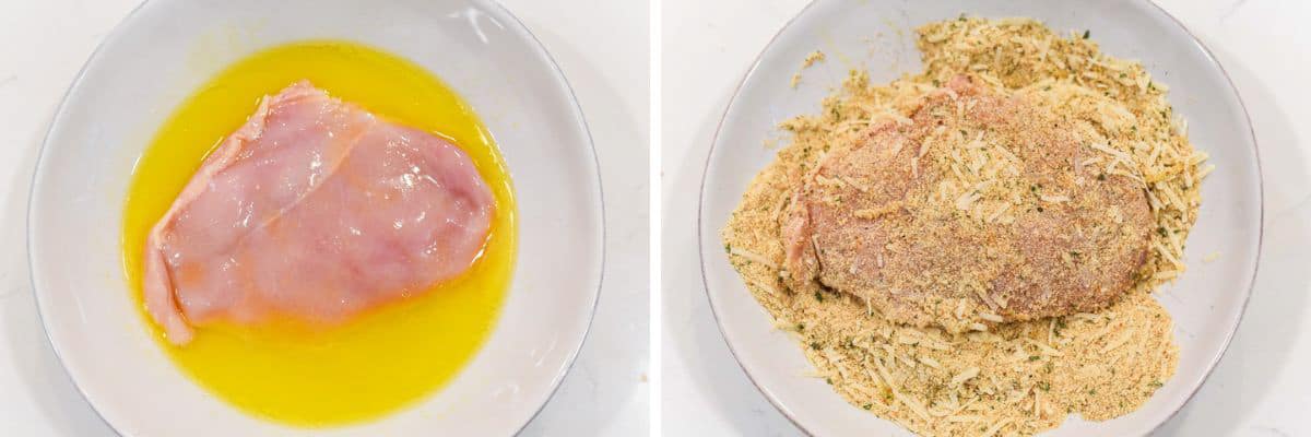 process shots of dipping chicken in oil and lemon juice before coating in breadcrumb mixture