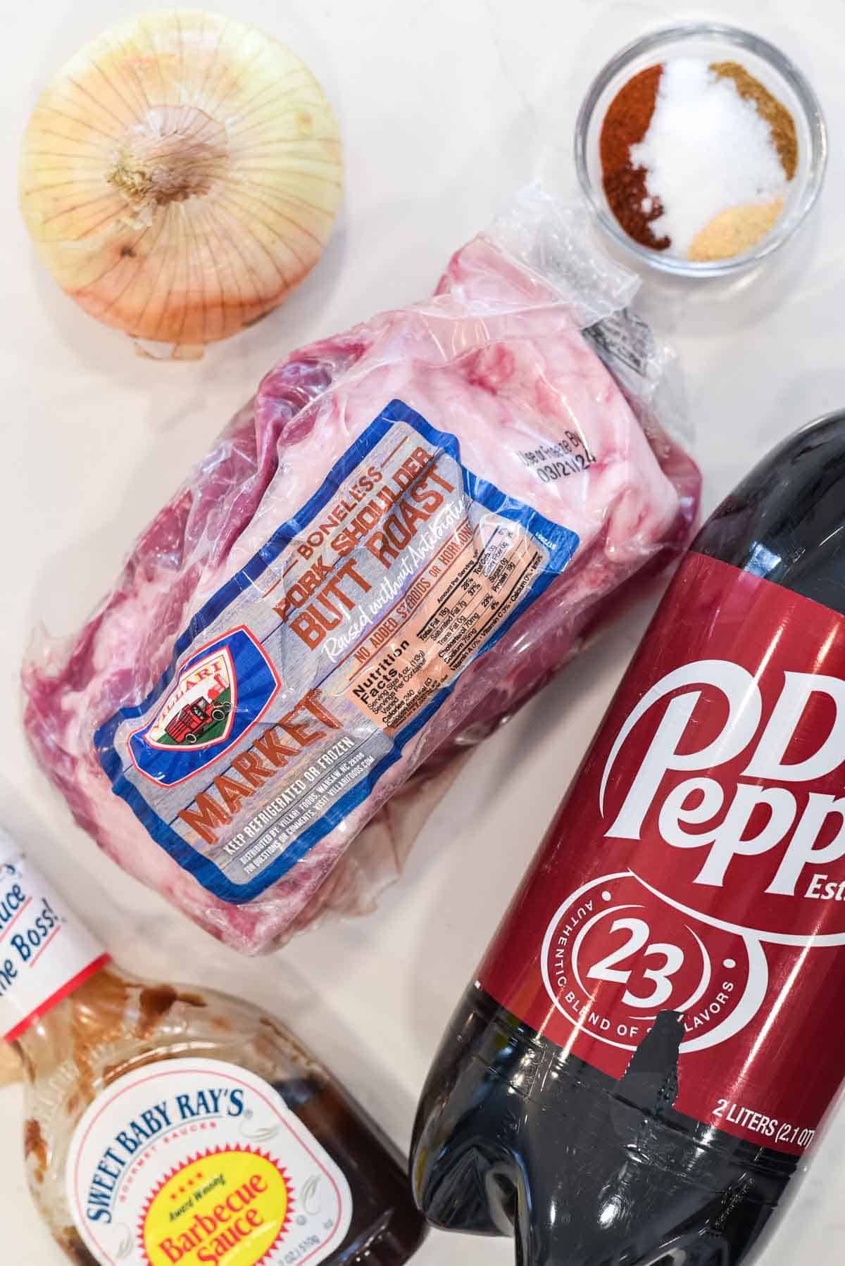 overhead shot of ingredients for Dr Pepper pulled pork