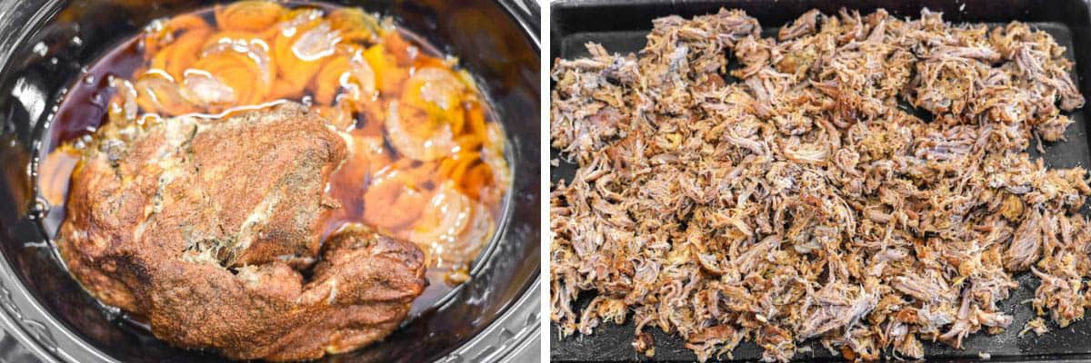 process shots of cooking pork in slow cooker and shredding