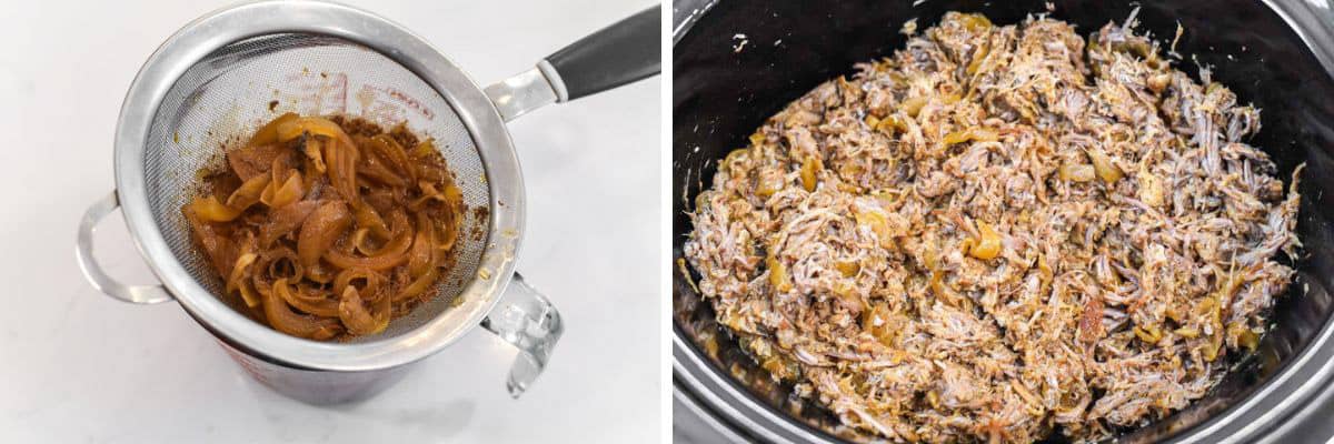 process shots of draining liquid in measuring cup and mixing with the shredded pork in slow cooker