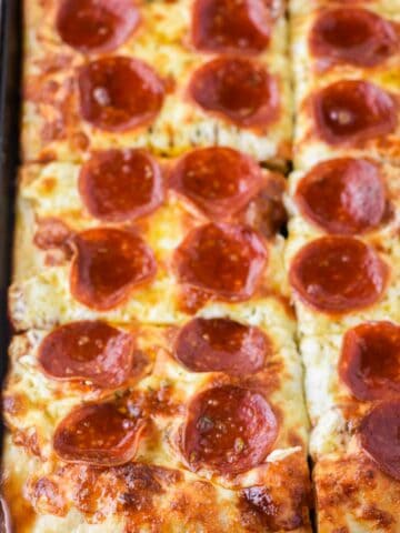 close-up of hot honey pepperoni pizza in pan