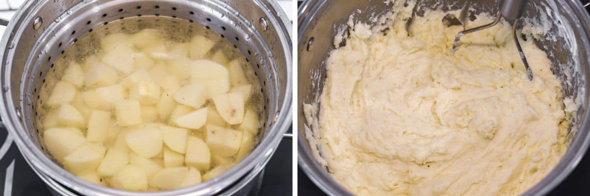 process shots of boiling potatoes and mashing in pot