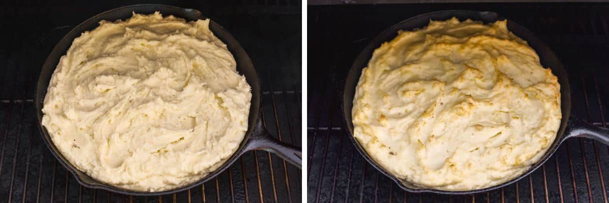 process shots of adding mashed potatoes to skillet and smoking until done