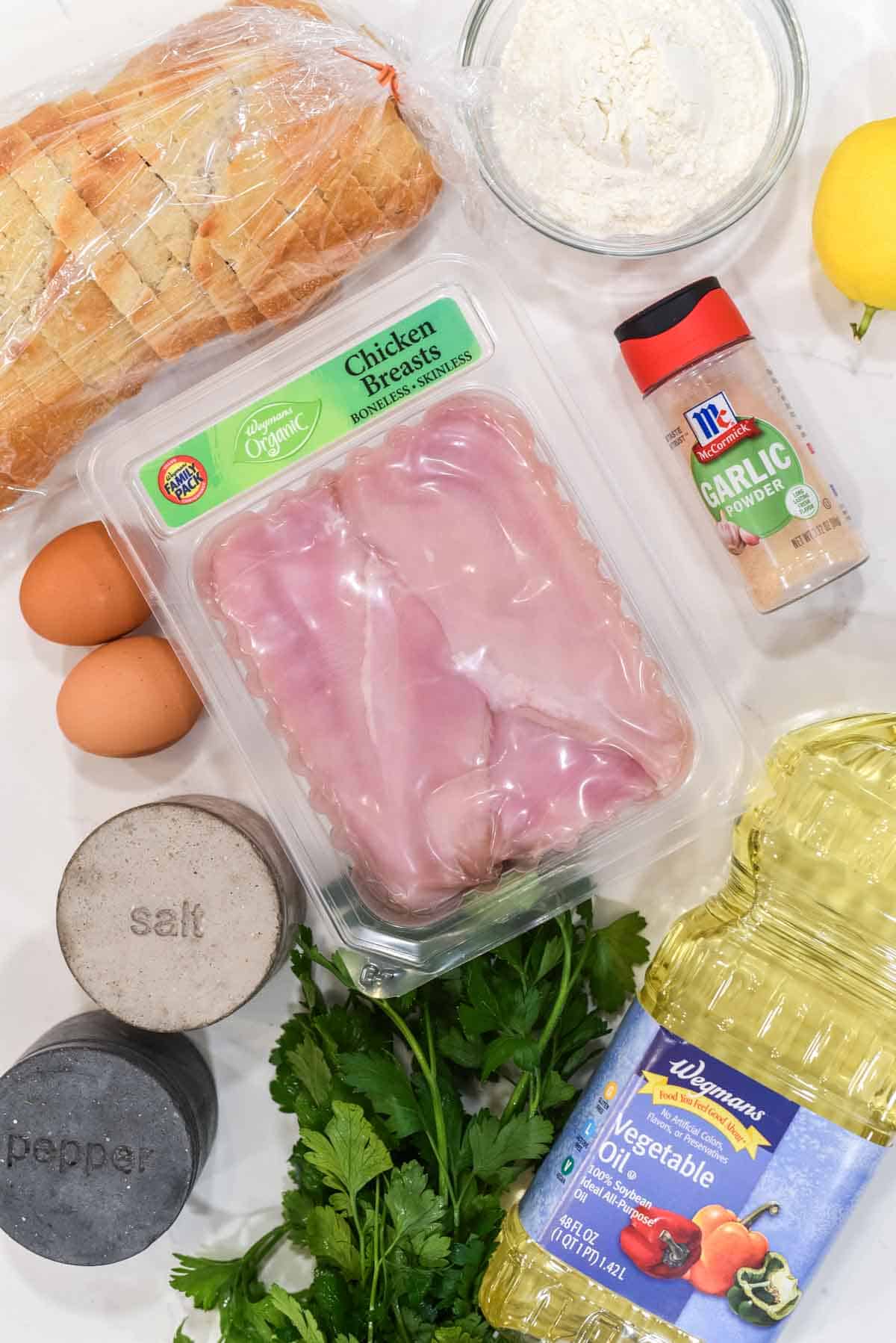 overhead shot of ingredients for chicken schnitzel