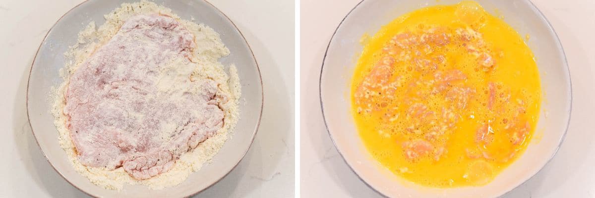 process shots of dredging chicken in flour and then eggs