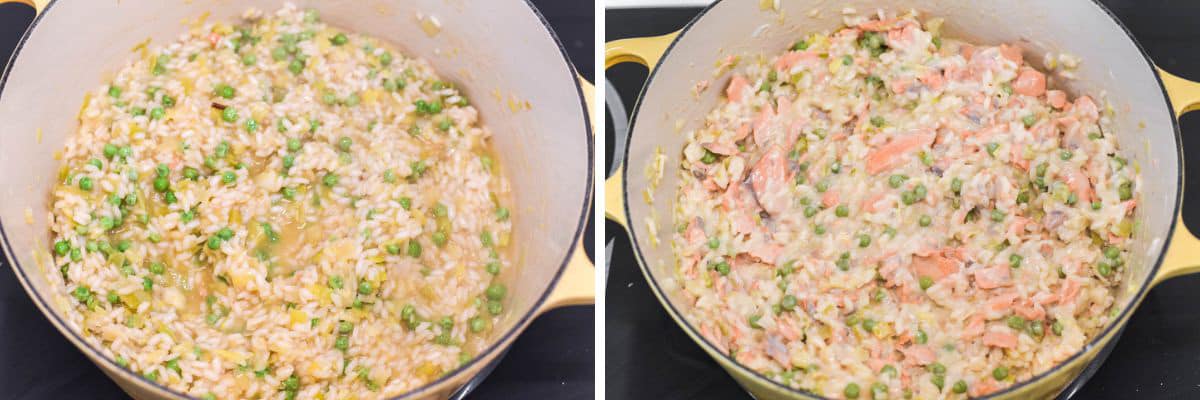 process shots of adding peas and salmon back to Dutch oven before stirring in cheese
